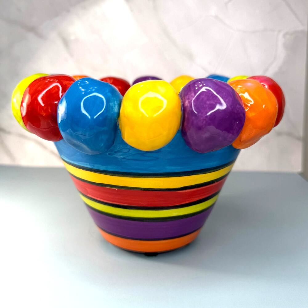 Signed 2002 Mary Rose Pottery Funky Groovy Colors Beaded Bowl Decorative